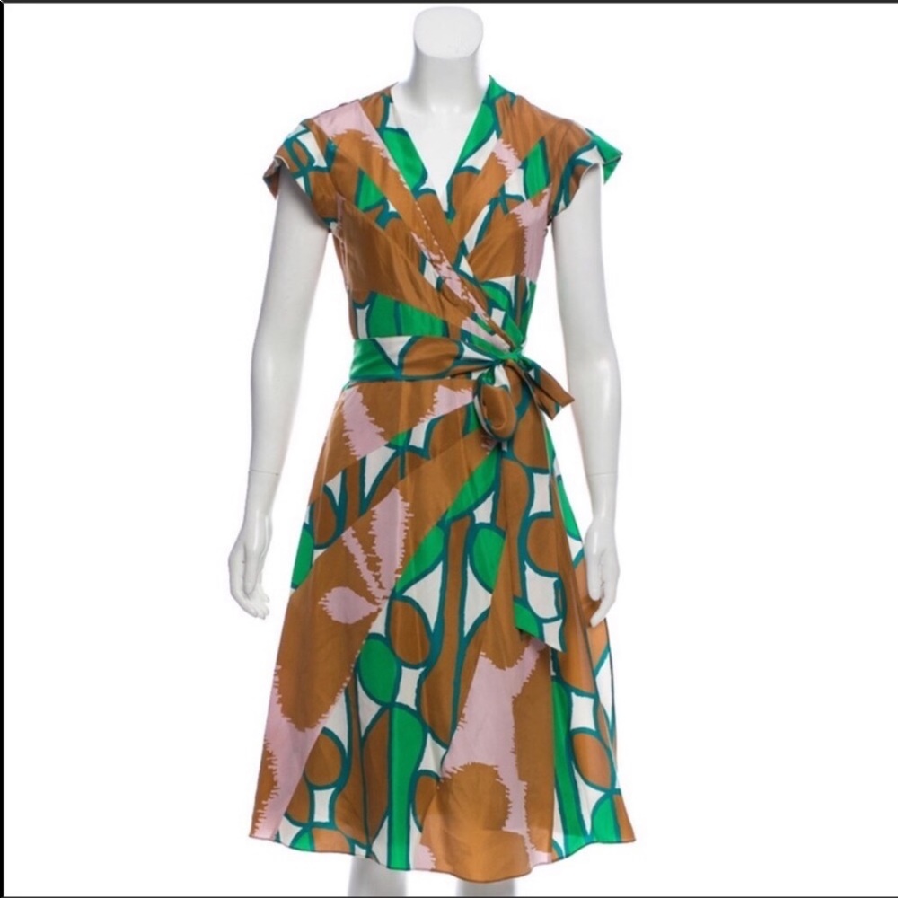 Diane Von Furstenberg Green, Brown & Pink Abstract Print silk Midi Wrap Dress